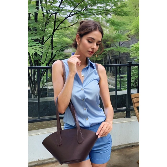 Kadın El ve Omuz Kullanımlı Çıkarılabilir Cüzdanlı Modern Kesim Shopper Çanta