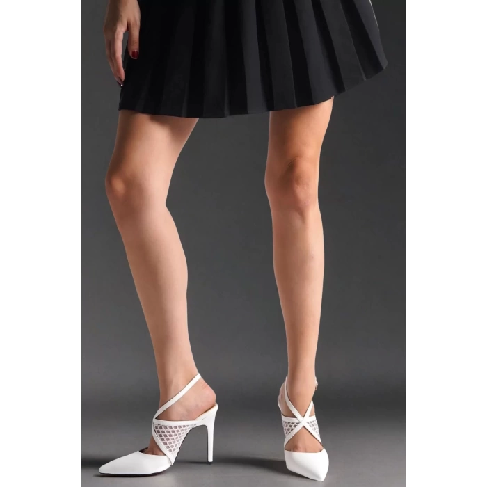 Kadın Elegant Ayakkabı File Detaylı İnce Topuklu Ayakkabı Stiletto Tasarım Abiye Ayakkabıı