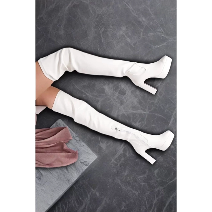 Kadın Elegant Ayakkabı Kalın Topuk Diz Üstü Streç Çizme Özel Tasarım Abiye Ayakkabı