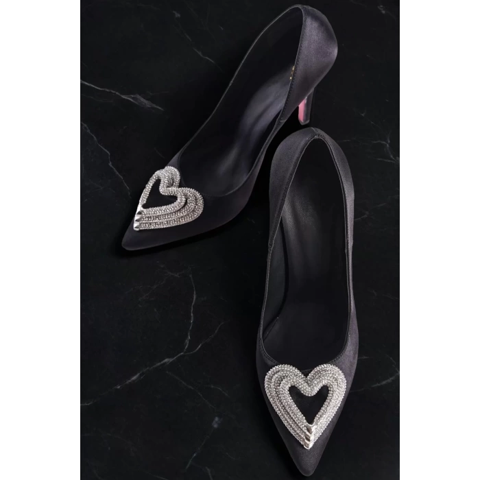 Kadın Elegant Ayakkabı Kalp Tokalı Stiletto Topuklu Ayakkabı Özel Tasarım Abiye Ayakkabı
