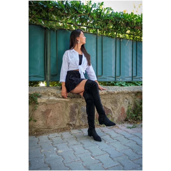 Kadın Elegant Ayakkabı Kısa Topuklu Diz Üstü Streç Çizme Özel Tasarım Abiye Ayakkabı