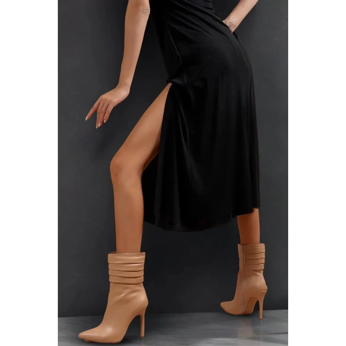 Kadın Elegant Ayakkabı Pileli İnce Topuk Bot Özel Tasarım Abiye Ayakkabı