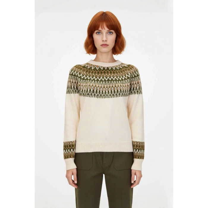 Kadın Etnik Desenli Bisiklet Yaka Regular Kalıp Triko Kazak Soğuk Havalarda Konforlu ve Şık Seçim