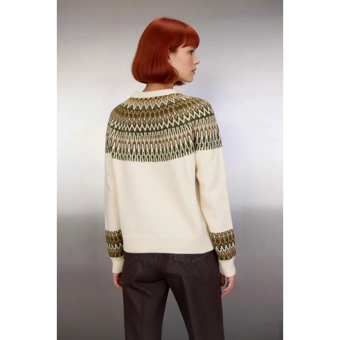 Kadın Etnik Desenli Bisiklet Yaka Regular Kalıp Triko Kazak Soğuk Havalarda Konforlu ve Şık Seçim