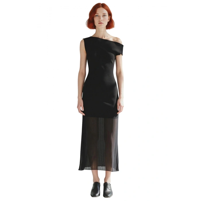 Kadın Fashion Forward A Line Midi Triko Elbise Kayık Yaka İnce Transparan Detaylı İlkbahar Sonbahar