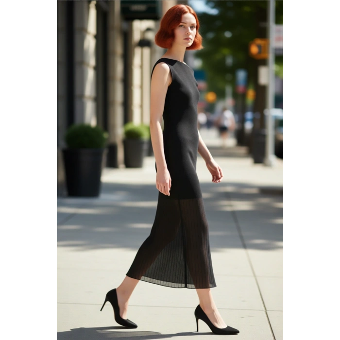 Kadın Fashion Forward A Line Midi Triko Elbise Kayık Yaka İnce Transparan Detaylı İlkbahar Sonbahar