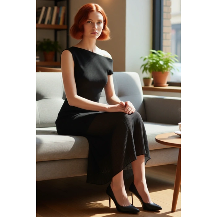 Kadın Fashion Forward A Line Midi Triko Elbise Kayık Yaka İnce Transparan Detaylı İlkbahar Sonbahar