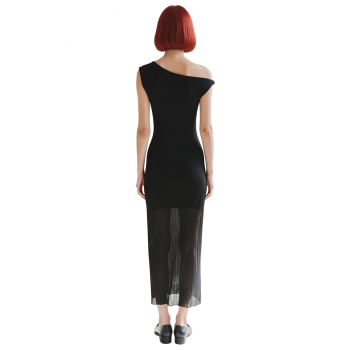 Kadın Fashion Forward A Line Midi Triko Elbise Kayık Yaka İnce Transparan Detaylı İlkbahar Sonbahar
