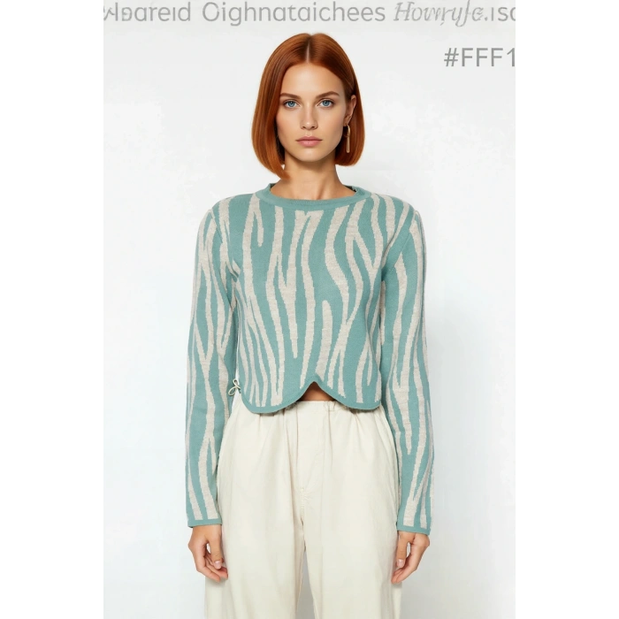 Kadın Fashion Forward Akrilik Regular Kalıp Crop Boy Uzun Kol Hayvan Desenli Triko Kazak Kaliteli