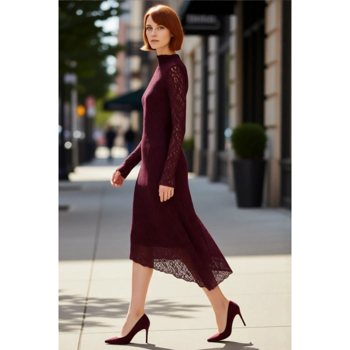 Kadın Fashion Forward Astarlı Düz Desenli Dik Yaka Asimetrik Örme Maxi Elbise Kaliteli Şık