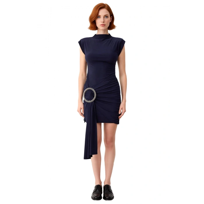 Kadın Fashion Forward Bodycon Bisiklet Yaka Kısa Kol Aksesuar Detaylı Mini Kokteyl Elbise Kaliteli