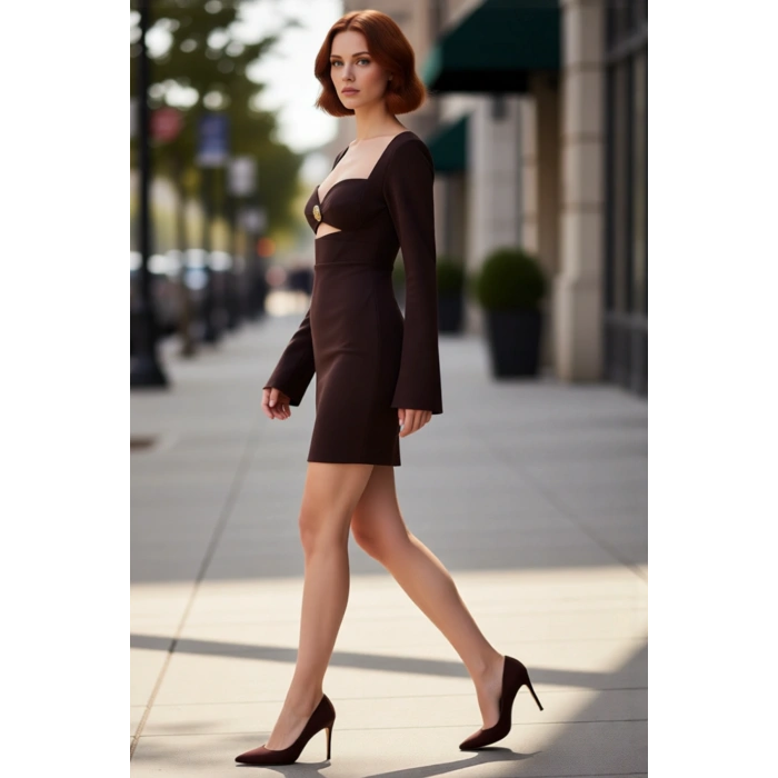 Kadın Fashion Forward Bodycon Kesim Kalp Yaka Uzun Kollu Mini Elbise Şık Kokteyl Davetleri İçin