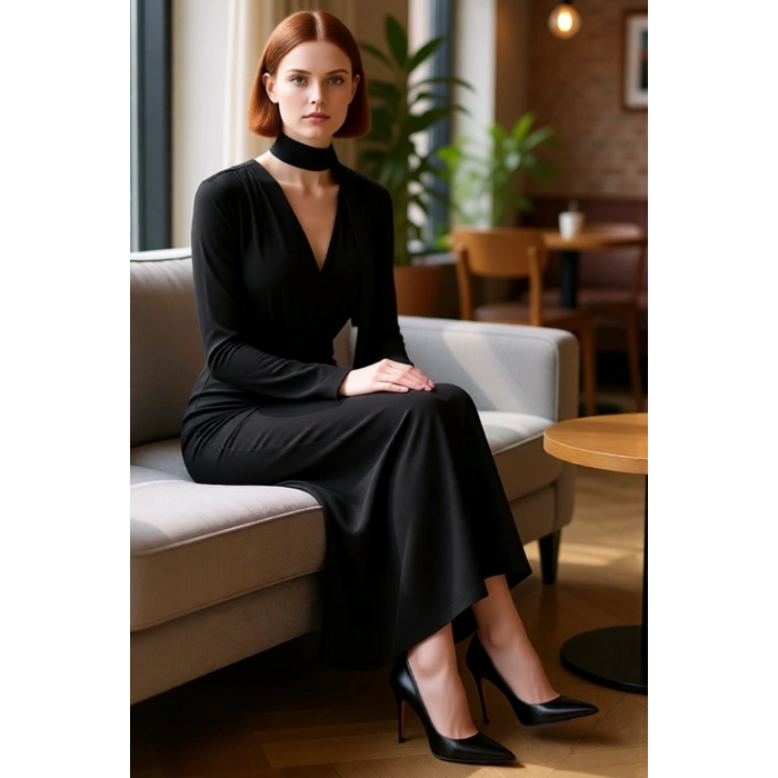 Kadın Fashion Forward Bodycon Kesim V Yaka Kuşak Detaylı Maxi Elbise Kış Şık Ortamlar İçin