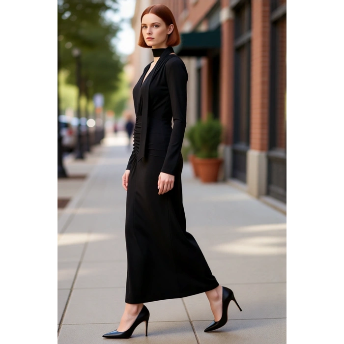 Kadın Fashion Forward Bodycon Kesim V Yaka Kuşak Detaylı Maxi Elbise Kış Şık Ortamlar İçin