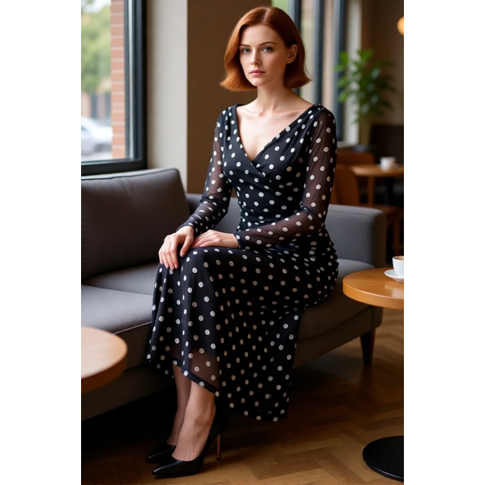 Kadın Fashion Forward Bodycon Maxi Elbise Tül Kumaş Puantiyeli V Yaka Büzgü Detaylı Uzun Kol