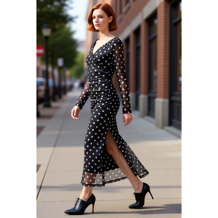 Kadın Fashion Forward Bodycon Maxi Elbise Tül Kumaş Puantiyeli V Yaka Büzgü Detaylı Uzun Kol