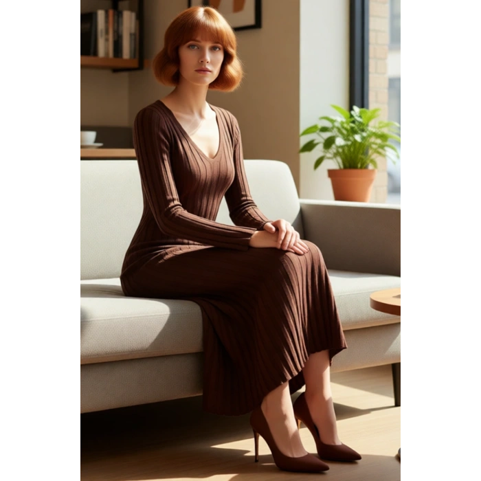 Kadın Fashion Forward Bodycon Uzun Kollu V Yaka Maxi Triko Elbise Gündüz Ve Gece Şıklığı Kaliteli