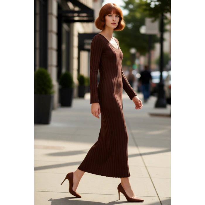 Kadın Fashion Forward Bodycon Uzun Kollu V Yaka Maxi Triko Elbise Gündüz Ve Gece Şıklığı Kaliteli