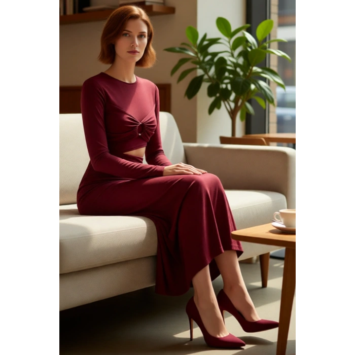 Kadın Fashion Forward Bordo Örme Maxi Elbise Bodycon Kesim Bel Detaylı Uzun Kollu Zarif Stil