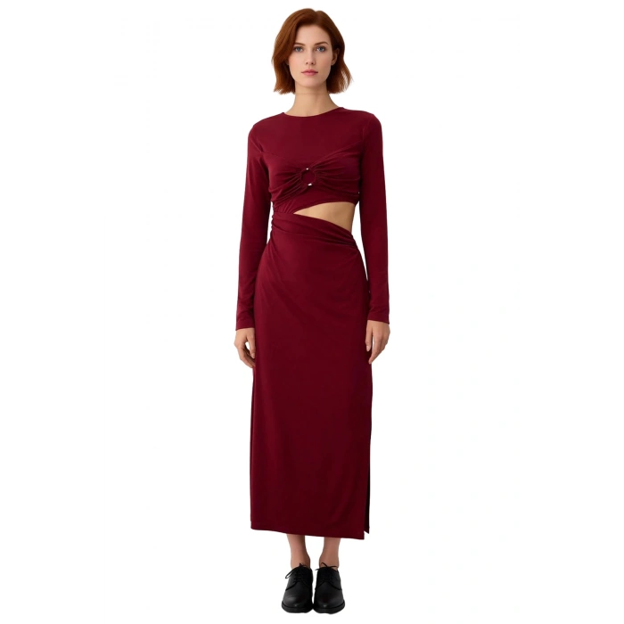 Kadın Fashion Forward Bordo Örme Maxi Elbise Bodycon Kesim Bel Detaylı Uzun Kollu Zarif Stil