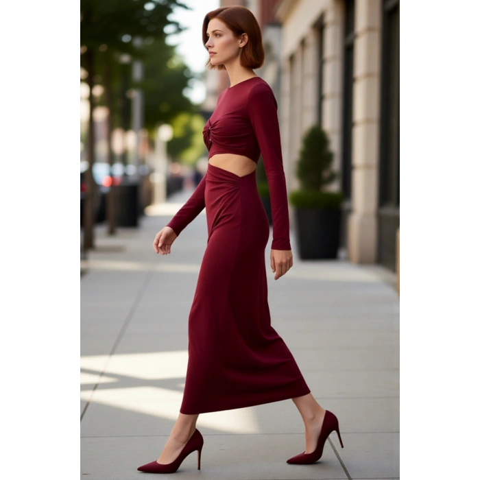 Kadın Fashion Forward Bordo Örme Maxi Elbise Bodycon Kesim Bel Detaylı Uzun Kollu Zarif Stil