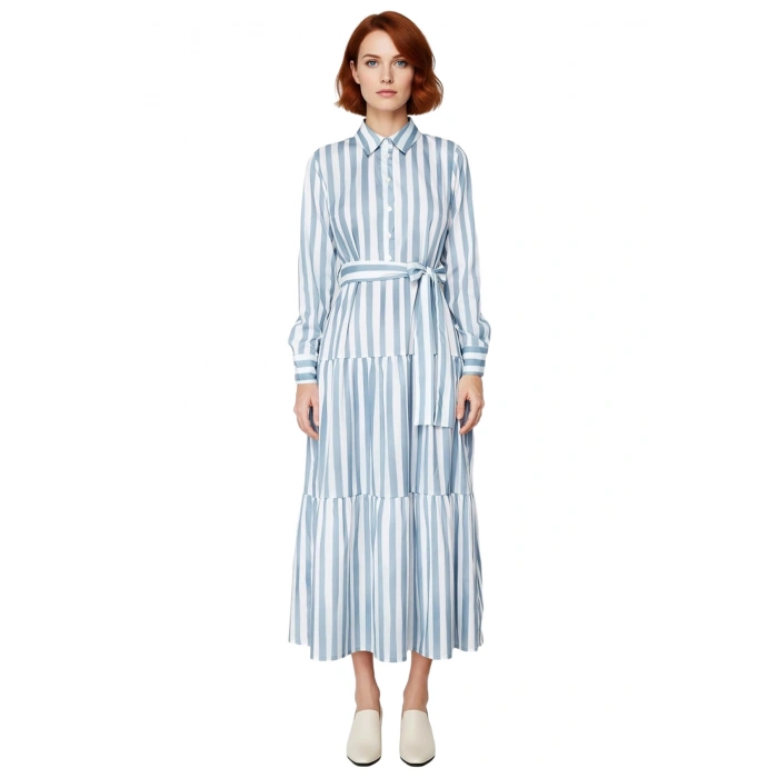 Kadın Fashion Forward Çizgili Dokuma Gömlek Yaka Kuşaklı Fırfırlı Etekli Maxi Elbise İlkbahar