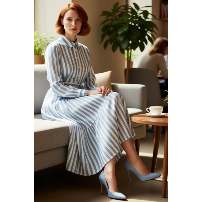 Kadın Fashion Forward Çizgili Dokuma Gömlek Yaka Kuşaklı Fırfırlı Etekli Maxi Elbise İlkbahar