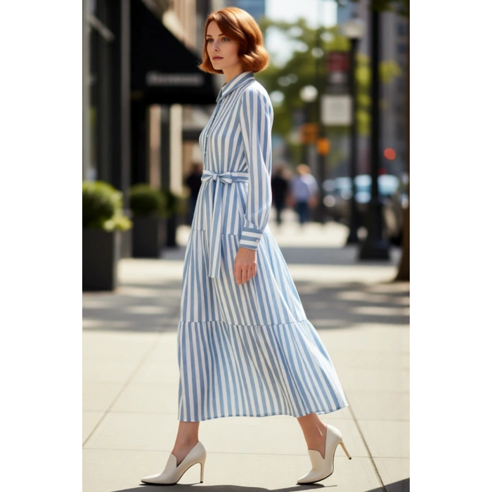 Kadın Fashion Forward Çizgili Dokuma Gömlek Yaka Kuşaklı Fırfırlı Etekli Maxi Elbise İlkbahar