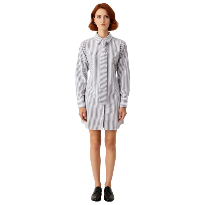Kadın Fashion Forward Çizgili Gömlek Yaka Mini Dokuma Elbise Beyaz Gri Detaylı Casual Günlük