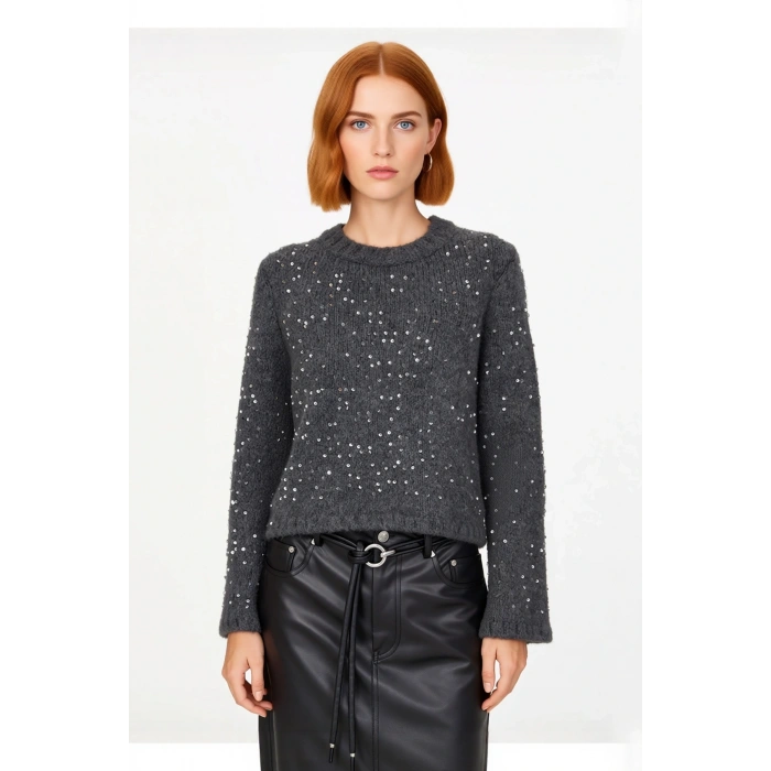 Kadın Fashion Forward Crop Pul Payetli Bisiklet Yaka Regular Fit Orta Kalın Triko Kazak Kaliteli