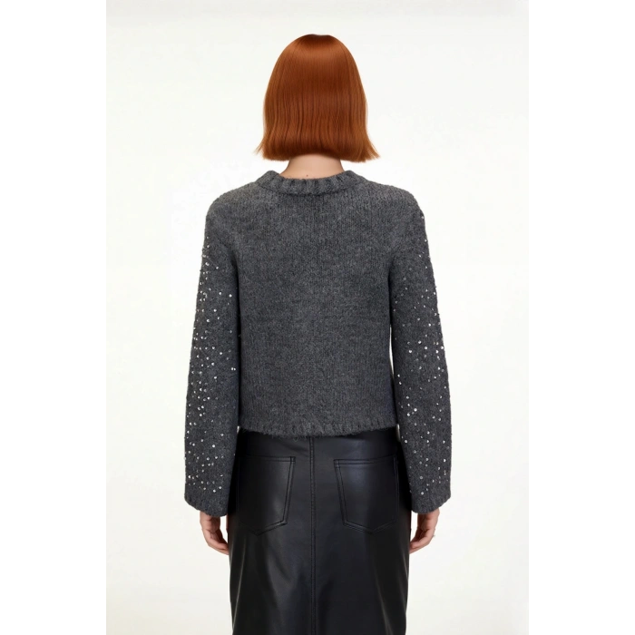 Kadın Fashion Forward Crop Pul Payetli Bisiklet Yaka Regular Fit Orta Kalın Triko Kazak Kaliteli