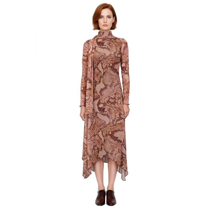 Kadın Fashion Forward Dik Yaka Uzun Kollu Skater Maxi Elbise Tül Örme Kışlık Özel Davetlere Uyumlu