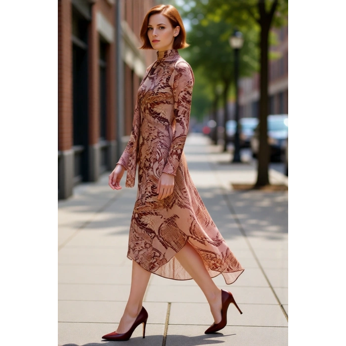 Kadın Fashion Forward Dik Yaka Uzun Kollu Skater Maxi Elbise Tül Örme Kışlık Özel Davetlere Uyumlu