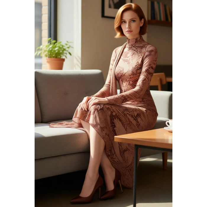 Kadın Fashion Forward Dik Yaka Uzun Kollu Skater Maxi Elbise Tül Örme Kışlık Özel Davetlere Uyumlu