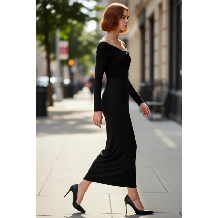 Kadın Fashion Forward Düz Desen Uzun Kollu Bodycon Örme Midi Elbise Özel Günlerin Vazgeçilmezi