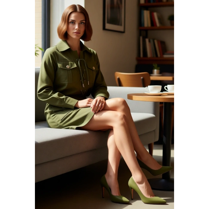 Kadın Fashion Forward Düz Haki Rengi Gömlek Yaka Bağlama Detaylı %100 Pamuk Mini Elbise Rahat Kış