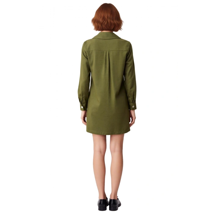Kadın Fashion Forward Düz Haki Rengi Gömlek Yaka Bağlama Detaylı %100 Pamuk Mini Elbise Rahat Kış