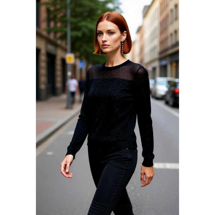 Kadın Fashion Forward İnce Triko Kazak Transparan Renk Bloklu Bisiklet Yaka Bahar Zarafeti