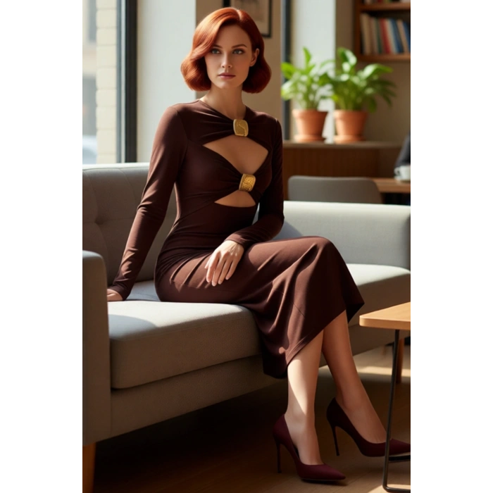 Kadın Fashion Forward Kahverengi Bodycone Uzun Kollu Sandy Örme Elbise Kokteyl Partiler İçin İdeal