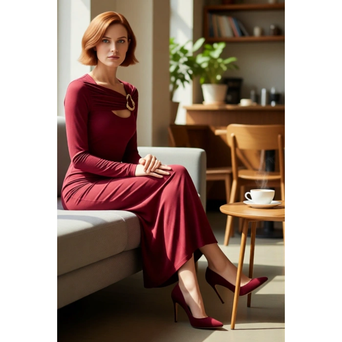 Kadın Fashion Forward Kesik Detaylı Drapeli Uzun Kollu Maxi Örme Elbise Kış Gündüz Gece Şıklığı.