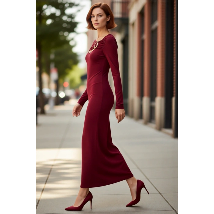 Kadın Fashion Forward Kesik Detaylı Drapeli Uzun Kollu Maxi Örme Elbise Kış Gündüz Gece Şıklığı.