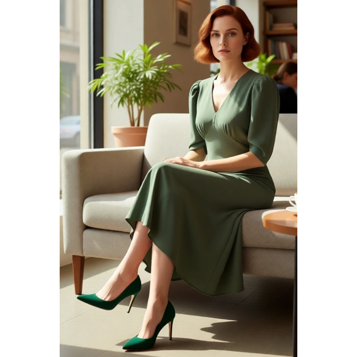 Kadın Fashion Forward Krep Kumaş V Yaka Midi Boy Büzgülü Kol Dokuma Elbise İlkbahar Sonbahar