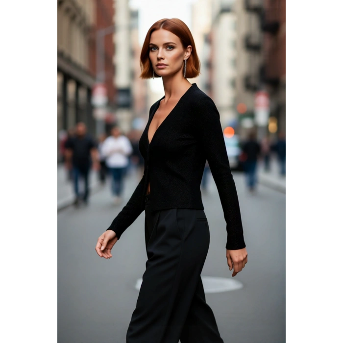 Kadın Fashion Forward Regular Kalıp Siyah Simli Triko Kazak Uzun Kollu V Yaka Modern Stil Sunar