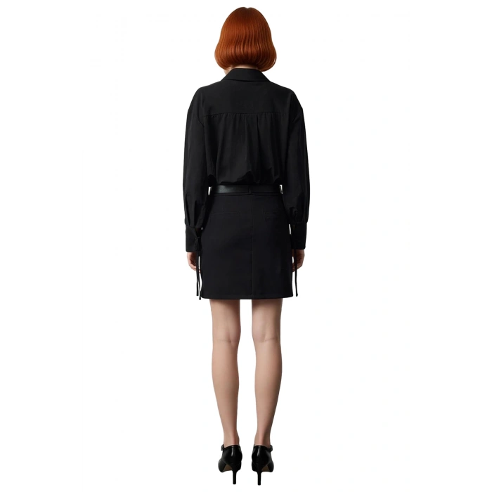 Kadın Fashion Forward Siyah Kemer Tokalı Mini Gömlek Elbise Uzun Yarasa Kol Kış Modası Kaliteli