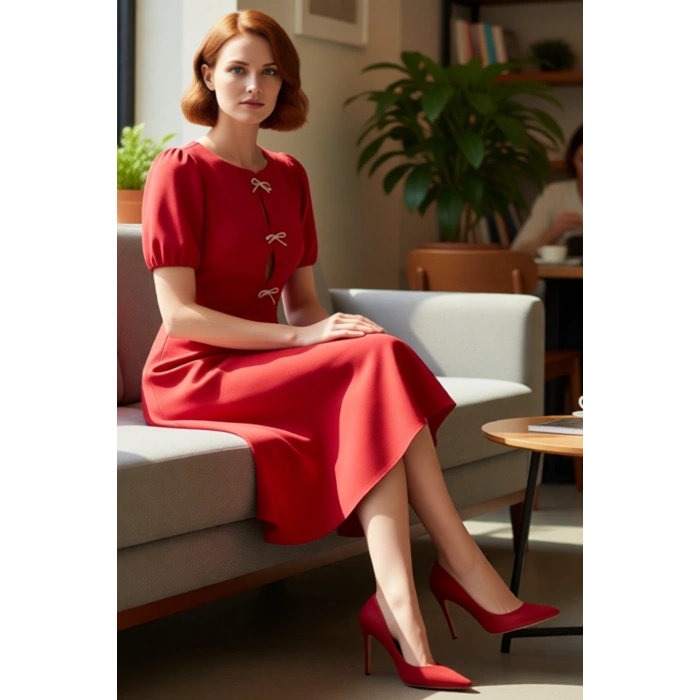 Kadın Fashion Forward Skater Midi Bisiklet Yaka Balon Kol Fiyonklu Örme Kokteyl Elbisesi Kaliteli