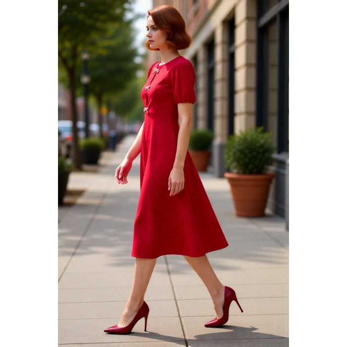 Kadın Fashion Forward Skater Midi Bisiklet Yaka Balon Kol Fiyonklu Örme Kokteyl Elbisesi Kaliteli