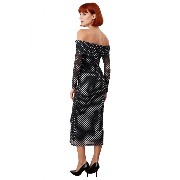 Kadın Fashion Forward Stilde Balık Siluet Uzun Kollu Puantiyeli Tül Abiye Elbise Kış Akşamları.