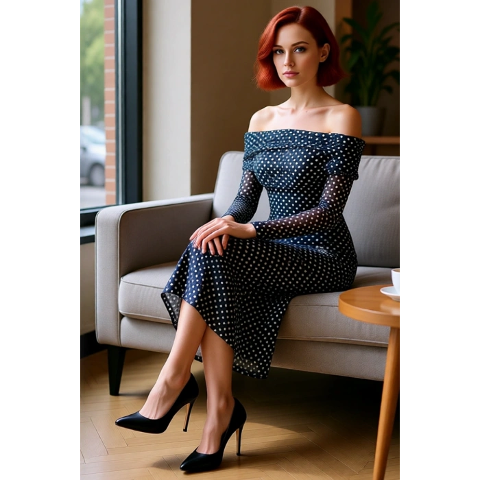 Kadın Fashion Forward Stilde Balık Siluet Uzun Kollu Puantiyeli Tül Abiye Elbise Kış Akşamları.