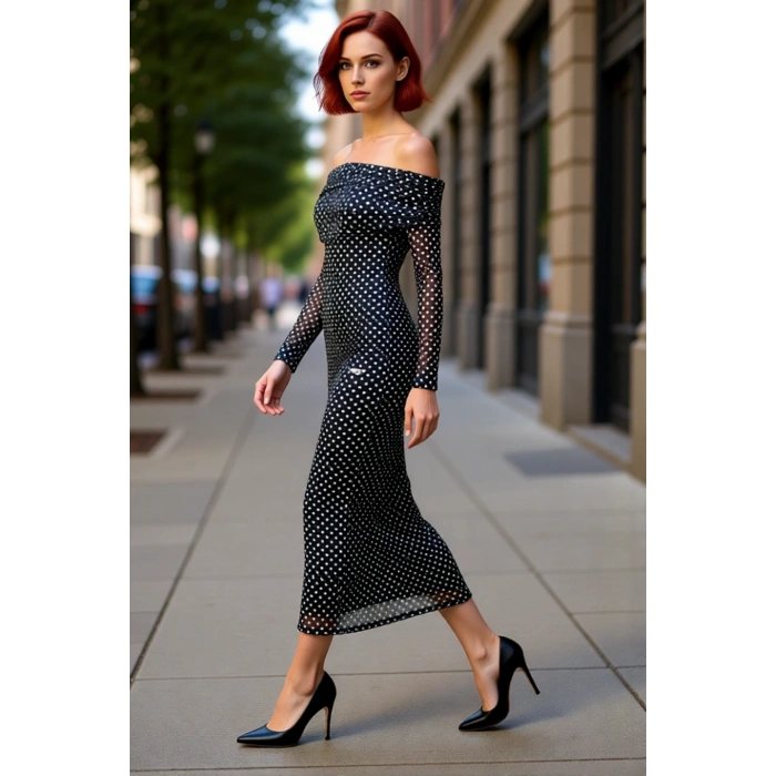 Kadın Fashion Forward Stilde Balık Siluet Uzun Kollu Puantiyeli Tül Abiye Elbise Kış Akşamları.