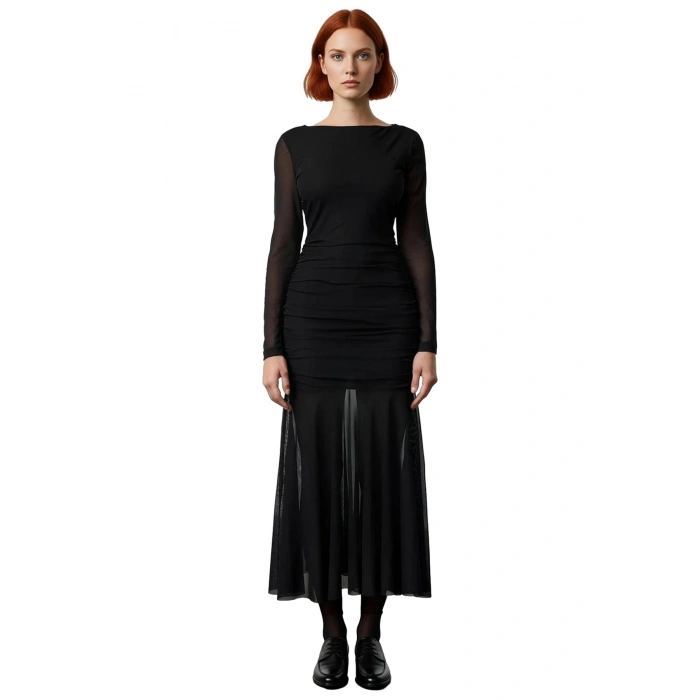 Kadın Fashion Forward Tül Örme Balık Kesim Uzun Kol Abiye Maxi Gece Elbisesi Şık Ortam Kaliteli